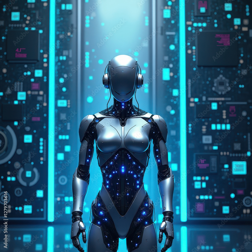 Naklejka premium A sleek humanoid robot is illuminated by glowing blue circuit designs, representing advanced technology and artificial intelligence