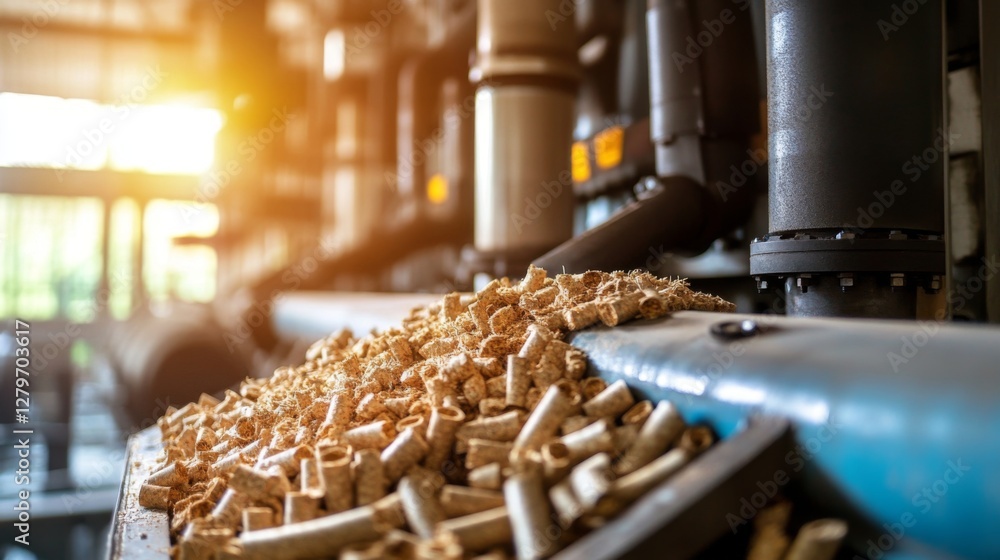 Wood pellets on conveyor belt in a factory Wood pellets on conveyor belt in a factory