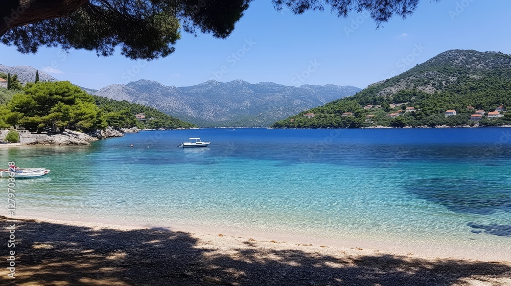 Obraz premium A peaceful bay with crystal-clear water and gentle waves, open sky providing space for text.