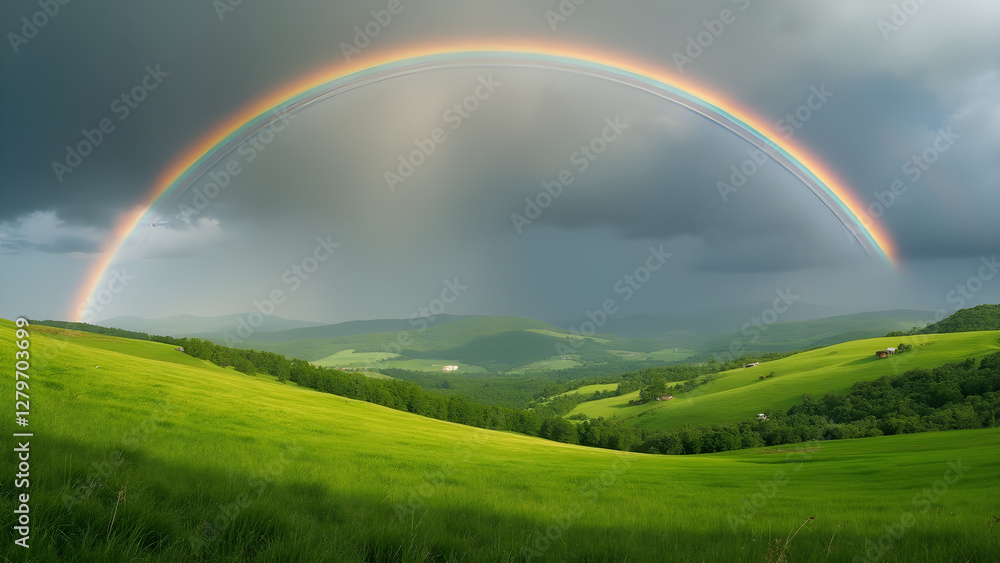 Vivid rainbow over green hills. Stunning rainbow after rainstorm. Beautiful landscape photography. Scenic views of nature after rainfall. Vivid rainbow over green hills. Stunning rainbow after rainstorm. Beautiful landscape photography. Scenic views of nature after rainfall.
