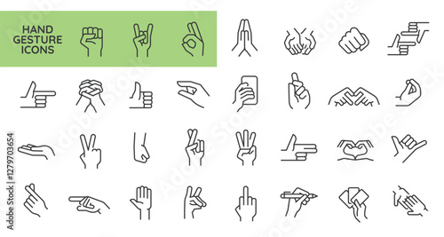 Hand Gesture icons. Set of 31 hand gesture trendy minimal icons. Example: Rock, Pointing, Peace, Praying, Offering icon. Design signs for web page, mobile app, packaging design. Vector illustration