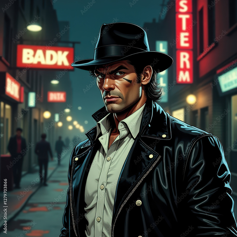 Illustration of a detective with a rugged look, standing in a dark alley surrounded by neon lights. Captures a retro and mysterious ambiance, enhanced by the man's intense expression Illustration of a detective with a rugged look, standing in a dark alley surrounded by neon lights. Captures a retro and mysterious ambiance, enhanced by the man's intense expression