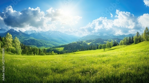 Wallpaper Mural A peaceful meadow with a stunning mountain backdrop, bright sunlight, and vast open sky. Torontodigital.ca