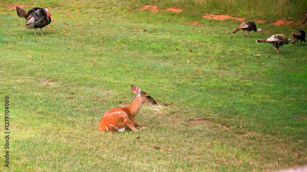 A female Whitetail Deer, doe, is lying down, in the open, chewing on her cud withwild turkey displaying in background.