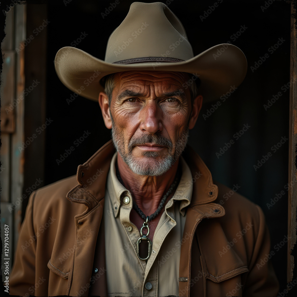A Portrait of a rugged cowboy wearing a classic hat and vest, exuding confidence and embodying the spirit of the west. Perfect for concepts of resilience, rugged individualism, and frontier spirit A Portrait of a rugged cowboy wearing a classic hat and vest, exuding confidence and embodying the spirit of the west. Perfect for concepts of resilience, rugged individualism, and frontier spirit