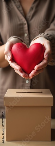 Donating Love - Hands Holding Heart Over Donation Box. Ideal for charity campaigns, non-profit organization visuals, fundraising appeals
