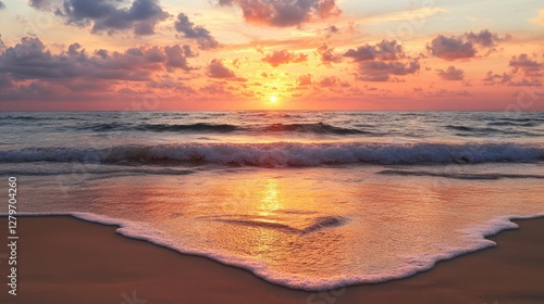 A peaceful sunrise at the beach, warm pink and orange tones reflecting in the shallow water.