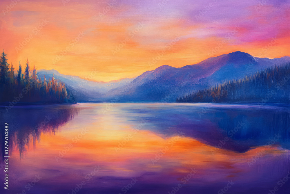 A serene mountain lake reflecting a sky full of vibrant orange, pink, and purple hues from a setting sun. Mist rolls over the water surface, and distant peaks covered in evergreen trees add depth and A serene mountain lake reflecting a sky full of vibrant orange, pink, and purple hues from a setting sun. Mist rolls over the water surface, and distant peaks covered in evergreen trees add depth and