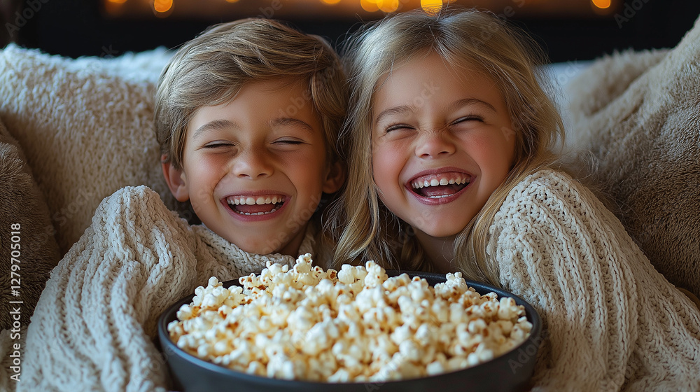A young boy and girl laughing together while sitting on a cozy sofa, sharing a bowl of popcorn A young boy and girl laughing together while sitting on a cozy sofa, sharing a bowl of popcorn