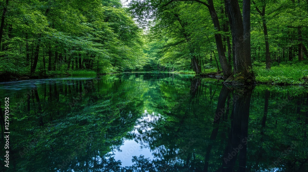 Fototapeta premium A quiet forest lake with lush green trees reflecting on the water, creating a calm open composition.