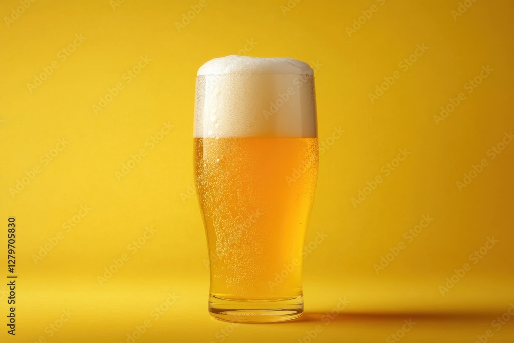 A glass of refreshing beer sits against a vibrant yellow backdrop
