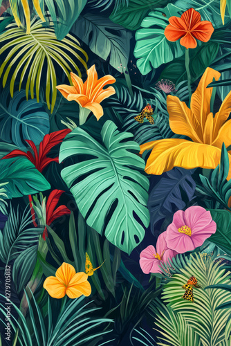 A vibrant, hand drawn digital painting of a lush jungle teeming with exotic plants, oversized leaves, and bright tropical flowers, with hidden wildlife peeking through the foliage.