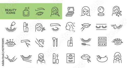 Beauty icons. Set of 31 beauty trendy minimal icons. Example: Eye, Lipstick, Haircut, Eyebrow, Perfume icon. Design signs for web page, mobile app, packaging design. Vector illustration.