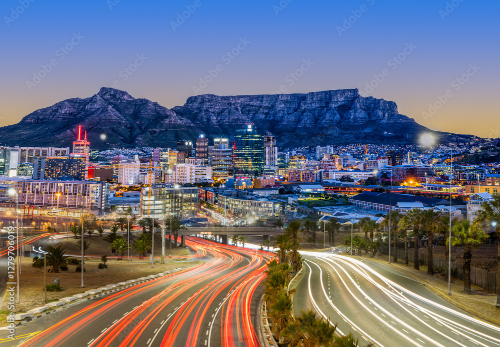 Highway Light Trails Leading to the Vibrant, Lit-Up City of Cape Town at Night, South Africa