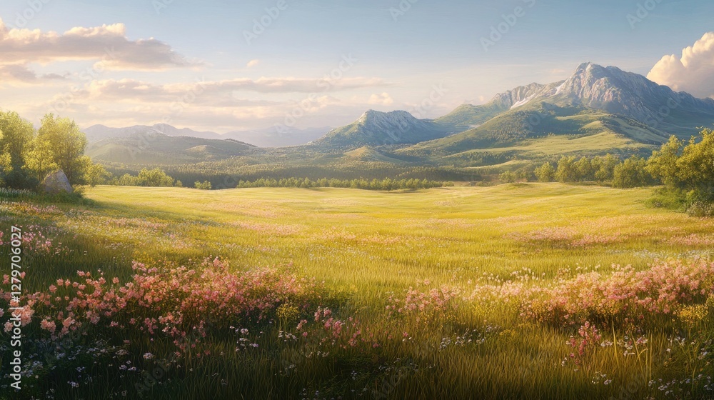 Obraz premium A scenic field with swaying tall grass, soft wind making waves across the landscape.