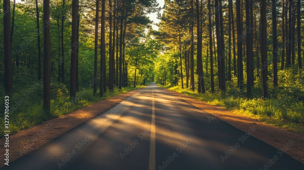Obraz premium A scenic forest road cutting through tall trees, bright sunlight, and a wide open sky.