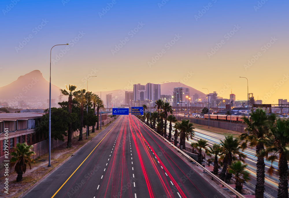N1 Highway Light Trail Leading to Cape Town City on a Hazy Day, South Africa