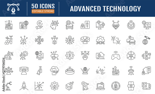 Advanced technology line editable icon set. Containing
ai, robotic, machine learning, quantum computing, ar, iot,
blockchain, cryptocurrency and more. Vector illustration
