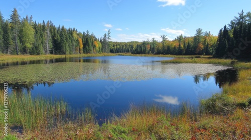 A secluded lake with a mirror-like surface, reflecting the surrounding autumn forest.