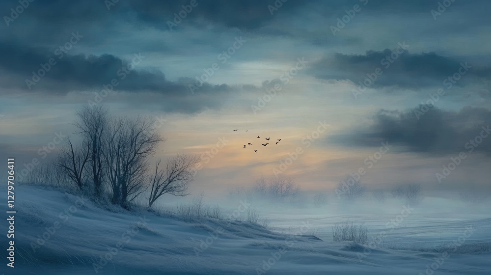 Fototapeta premium A serene winter sunrise, misty air and softly falling snow creating a peaceful morning scene.