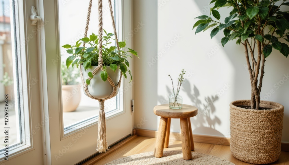 Bright and Airy Interior with Hanging Plant and Cozy Wooden Stool in Sunlit Corner Bright and Airy Interior with Hanging Plant and Cozy Wooden Stool in Sunlit Corner