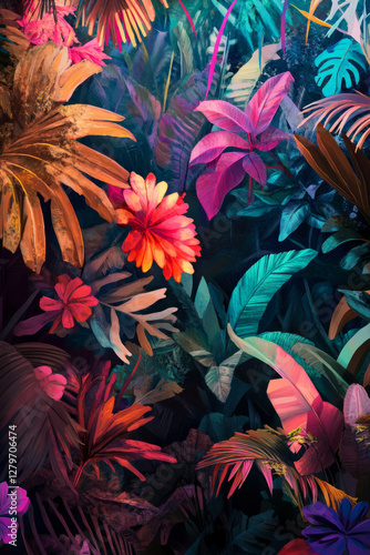 A vibrant, hand drawn digital painting of a lush jungle teeming with exotic plants, oversized leaves, and bright tropical flowers, with hidden wildlife peeking through the foliage.