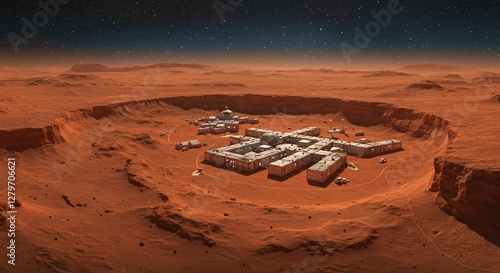 Fototapeta Naklejka Na Ścianę i Meble -  Mars colony scientific research base in red desert landscape at sunset. Futuristic space settlement with buildings and modules on martian surface with copy space