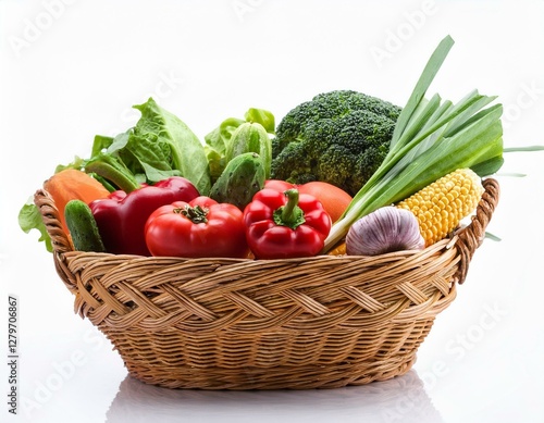Fresh vegetables in the basket, white background, and in the kitchen. Slicing Vegetables in the kitchen, fresh Vegetables are a delicious and healthy way to nourish your body