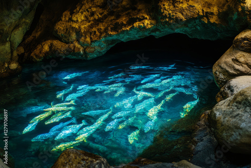 A crystal clear cave pool illuminated by bioluminescent plants, with glowing fish swimming in the turquoise water.
