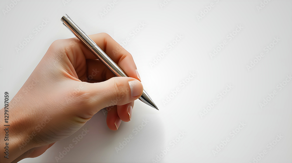 Left hand with silver pen writing on white surface Left hand with silver pen writing on white surface