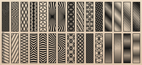 Big vector bundle of 30 templates for laser cut. Trendy design with abstract geometric patterns, modern linear ornaments. Stencils for CNC cutting of wood, paper, metal, plastic. Aspect ratio 1:4