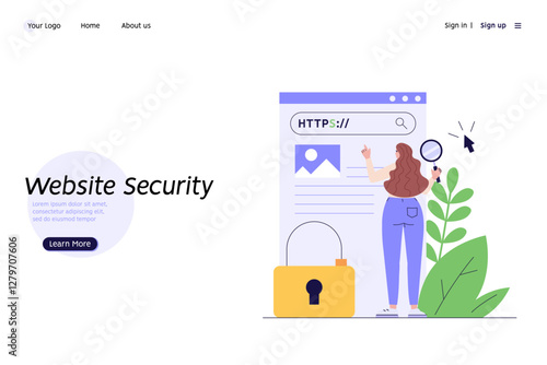 Using browser with https protocol illustration. Woman searching website address with security. Concept of web protection, ssl certificate for web Design, UI, banners