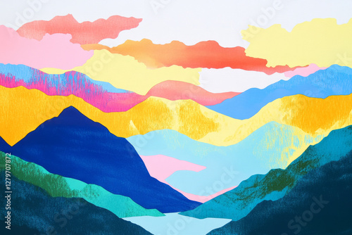 A heavily layered risograph print of mountains with stark contrasts of warm and cool colors blending into an abstract sky.