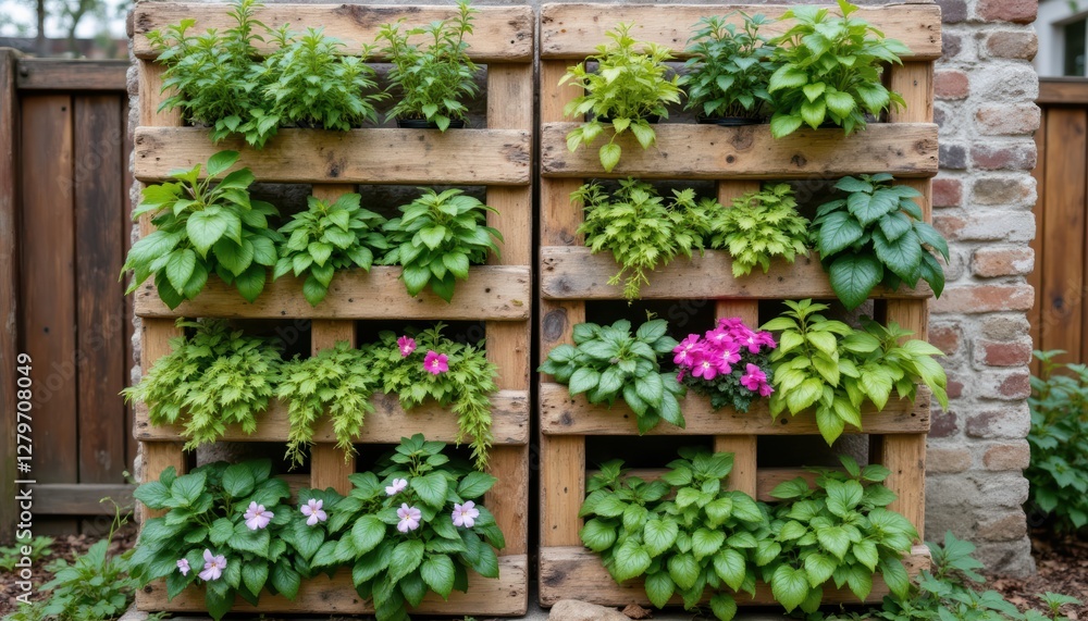 Vertical Garden with Wooden Pallets Displaying a Variety of Green Plants and Flowers Vertical Garden with Wooden Pallets Displaying a Variety of Green Plants and Flowers