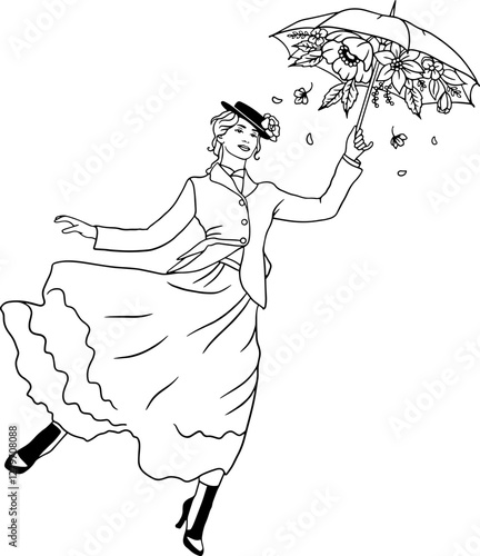 Elegant black and white vector illustration of a woman floating with a floral umbrella. Graceful vintage-inspired artwork with a touch of magic. Ideal for prints,posters, fashion,and decorative design