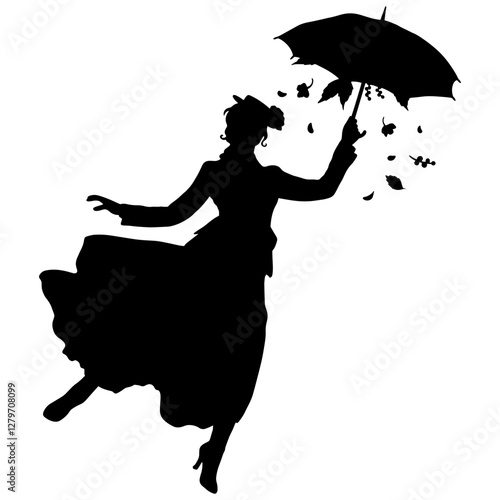 Elegant black and white vector illustration of a woman floating with a floral umbrella. Graceful vintage-inspired artwork with a touch of magic. Ideal for prints,posters, fashion,and decorative design