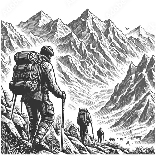 hiker standing on alpine mountain ridge, gazing at a scenic valley and lake, evoking adventure and exploration sketch engraving generative ai vector illustration. Scratch board. Black and white image.