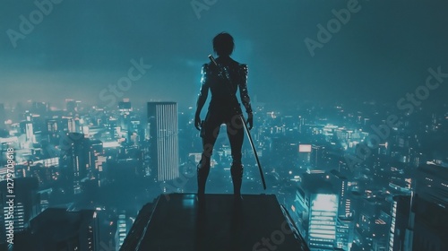 Cybernetic Assassin Standing Over a Futuristic City