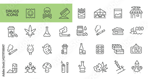 Pharmaceuticals and Drugs icons. Set of 31 minimalist icons related to medical and recreational substances. Examples: marihuana ,cbd, capsules. Vector illustration.