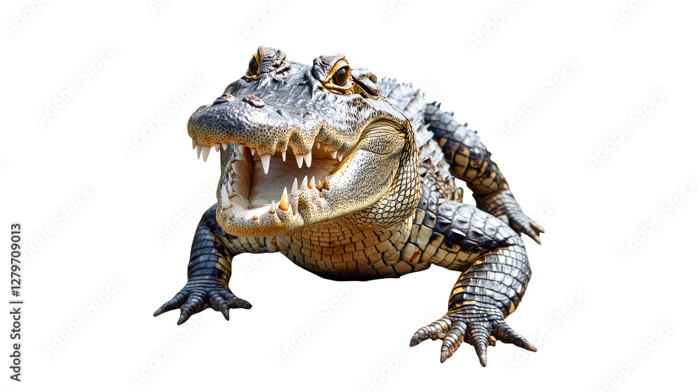 Fototapeta premium Crocodile displaying teeth while resting on ground