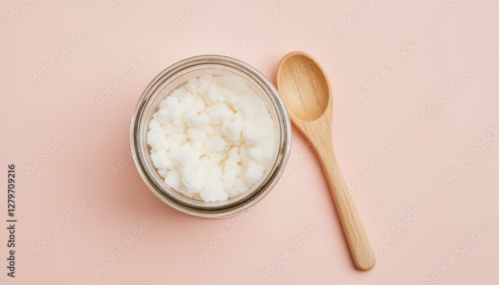 Freshly Made Natural Coconut Yogurt in Glass Jar on Soft Pastel Background with Wooden Spoon Freshly Made Natural Coconut Yogurt in Glass Jar on Soft Pastel Background with Wooden Spoon