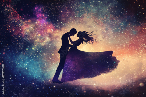 A passionate and dreamy illustration of a couple dancing under the stars, their movements in perfect harmony, symbolizing deep love, connection, and intimacy.