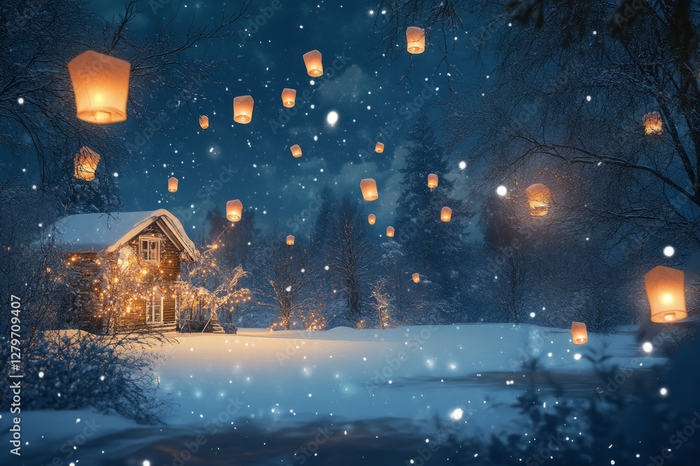 Fototapeta premium A snowy New Year's Eve landscape with glowing lanterns floating into the night sky, illuminating the peaceful scene.