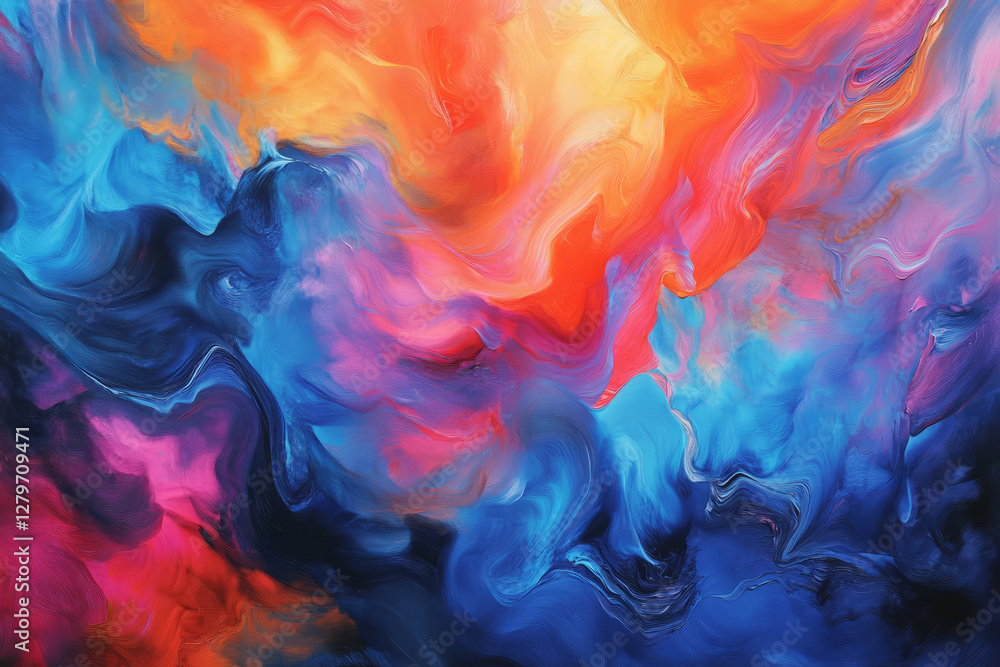 A vibrant and fluid abstract painting with rich, swirling colors blending seamlessly into one another. The deep blues, fiery oranges, and soft pinks create a striking visual of movement and emotion. A vibrant and fluid abstract painting with rich, swirling colors blending seamlessly into one another. The deep blues, fiery oranges, and soft pinks create a striking visual of movement and emotion.