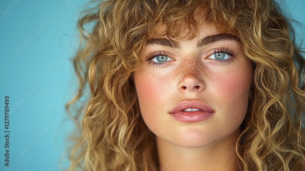 Naklejka premium Close-up portrait of a young woman with curly blonde hair and freckles. Her blue eyes and natural beauty shine against a soft blue background.