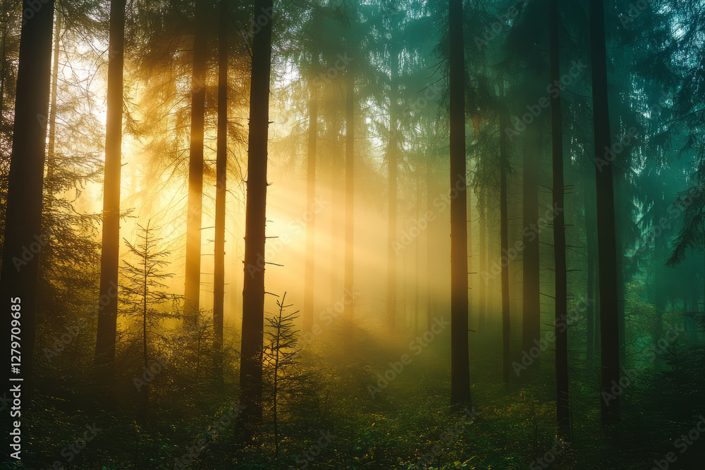 A dense, foggy forest at sunrise, where golden light filters through the trees, creating an ethereal and mystical atmosphere. A dense, foggy forest at sunrise, where golden light filters through the trees, creating an ethereal and mystical atmosphere.