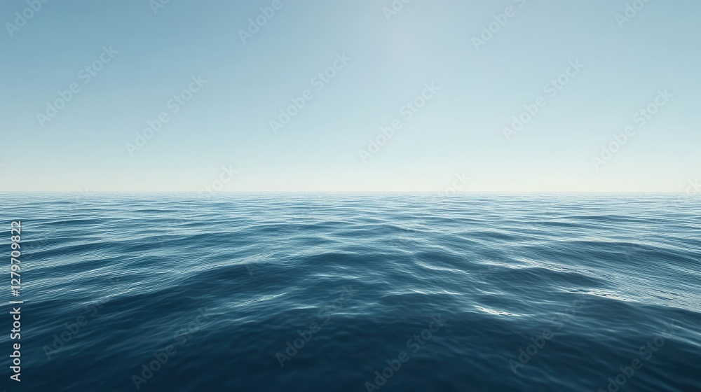 Fototapeta premium A tranquil sea with gentle waves rolling onto the shore, deep blue water meeting the clear sky, ample copy space.