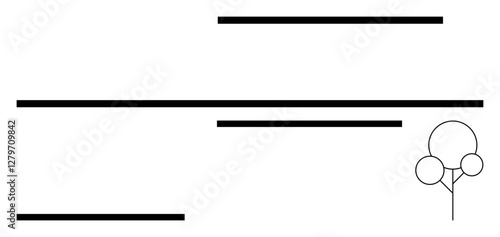 Horizontal black lines of varying lengths and minimalist tree with circular foliage. Ideal for art, balance, design, minimalism, nature, modern aesthetics, abstract line flat metaphor