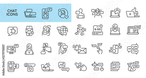 Chat icons. Set of 31 social media minimalist icons. Megaphone, like, user profile, smartphone, video, chat icon. Design signs for web page, mobile app, digital marketing. Vector illustration