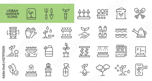 Urban farming icons. Set of 31 urban farming trendy minimal icons. Seedling, watering, home cultivation, vertical farming. Design signs for web page, mobile app, packaging design. Vector illustration.